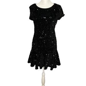Allison & Kelly Sequin Mini Dress Black Short Sleeve Ruffle Hem Size Medium